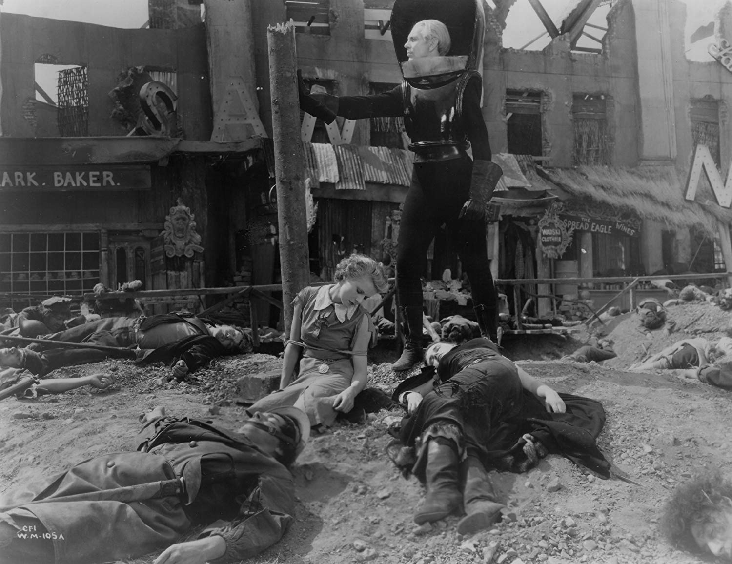 John Cabal (Raymond Massey) walks through the war-devastated ruins of Everytown in Things to Come (1936)