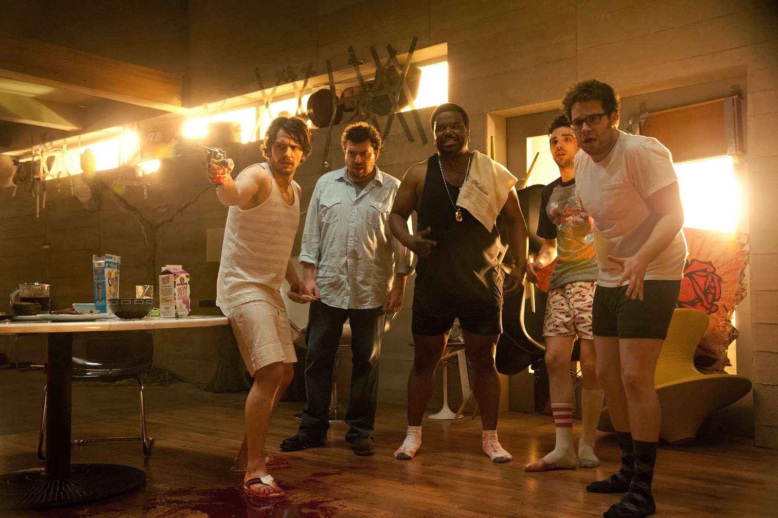 Facing the Biblical end of the world - James Franco, Danny McBride, Craig Robinson, Jay Baruchel and Seth Rogen in This is The End (2013)