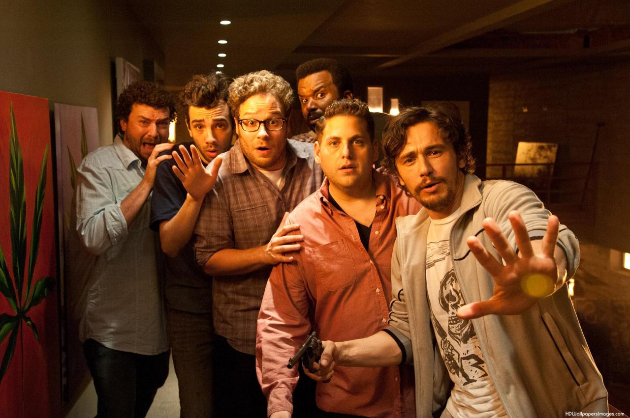 Playing themselves - Danny McBride, Jay Baruchel, Seth Rogen, Craig Robinson, Jonah Hill and James Franco in This is The End (2013)