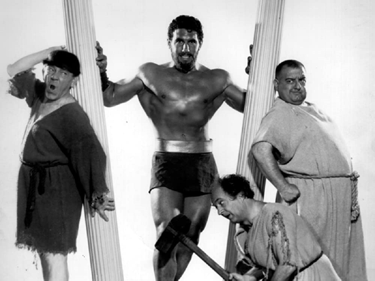 Moe Howard, Larry Fine and Joe DeRita with Hercules (Samson Burke) in The Three Stooges Meet Hercules (1962)