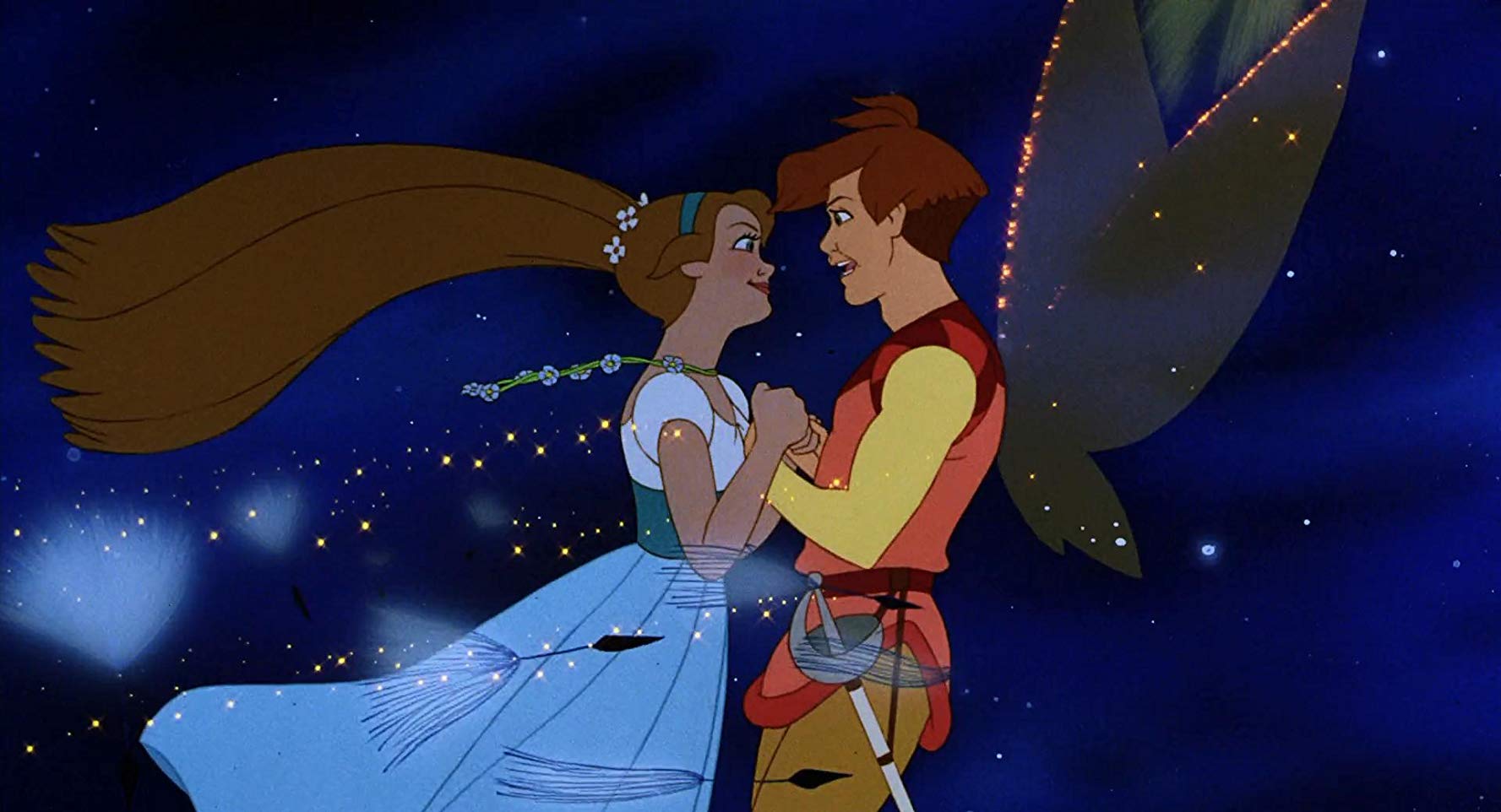 Thumbelina (voiced by Jodi Benson) and the fairy prince Cornelius (voiced by Gary Imhoff) in Thumbelina (1994)