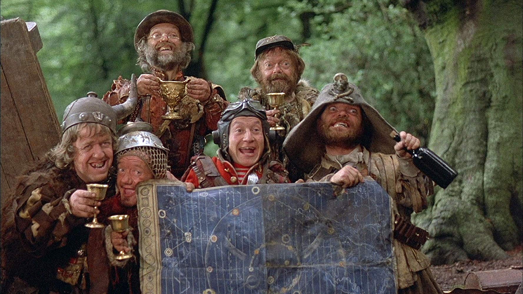 The Time Bandits - (l to r) Mike Edmonds, Kenny Baker, Malcolm Dixon, David Rappaport, Tiny Ross and Jack Purvis in Time Bandits (1981)