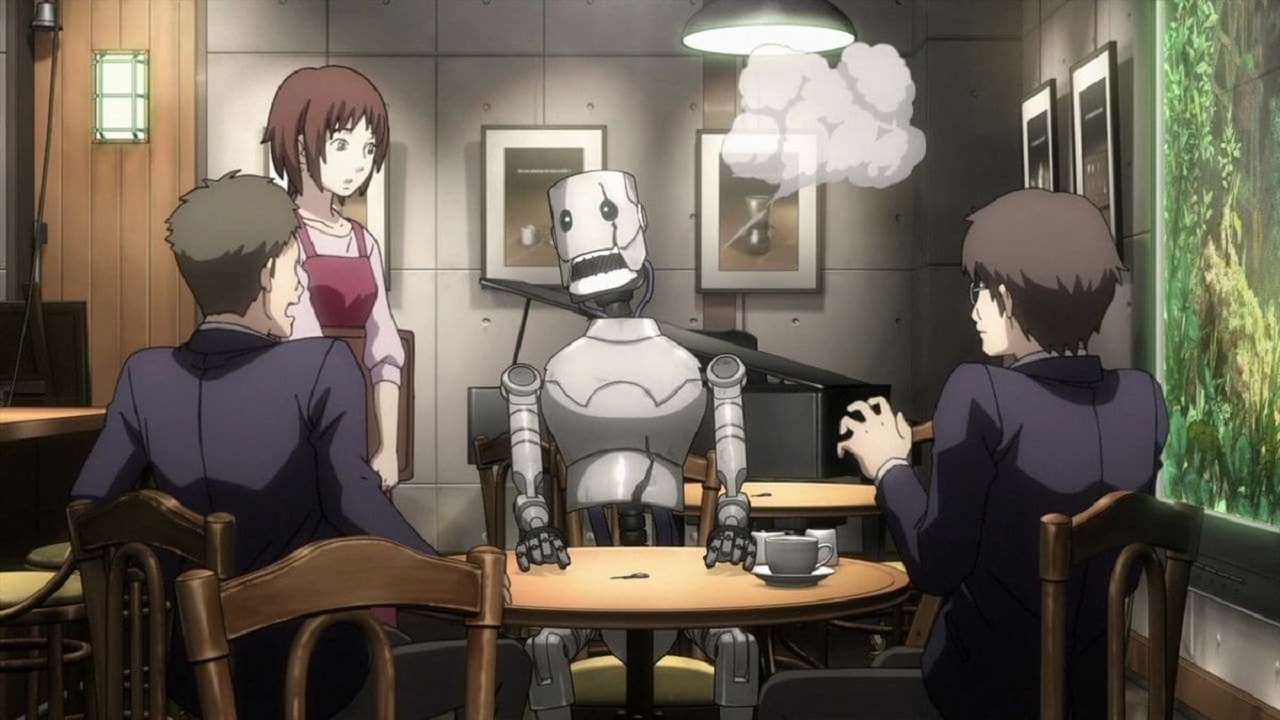 Cafe where humans and robots meet in Time of Eve (2010)