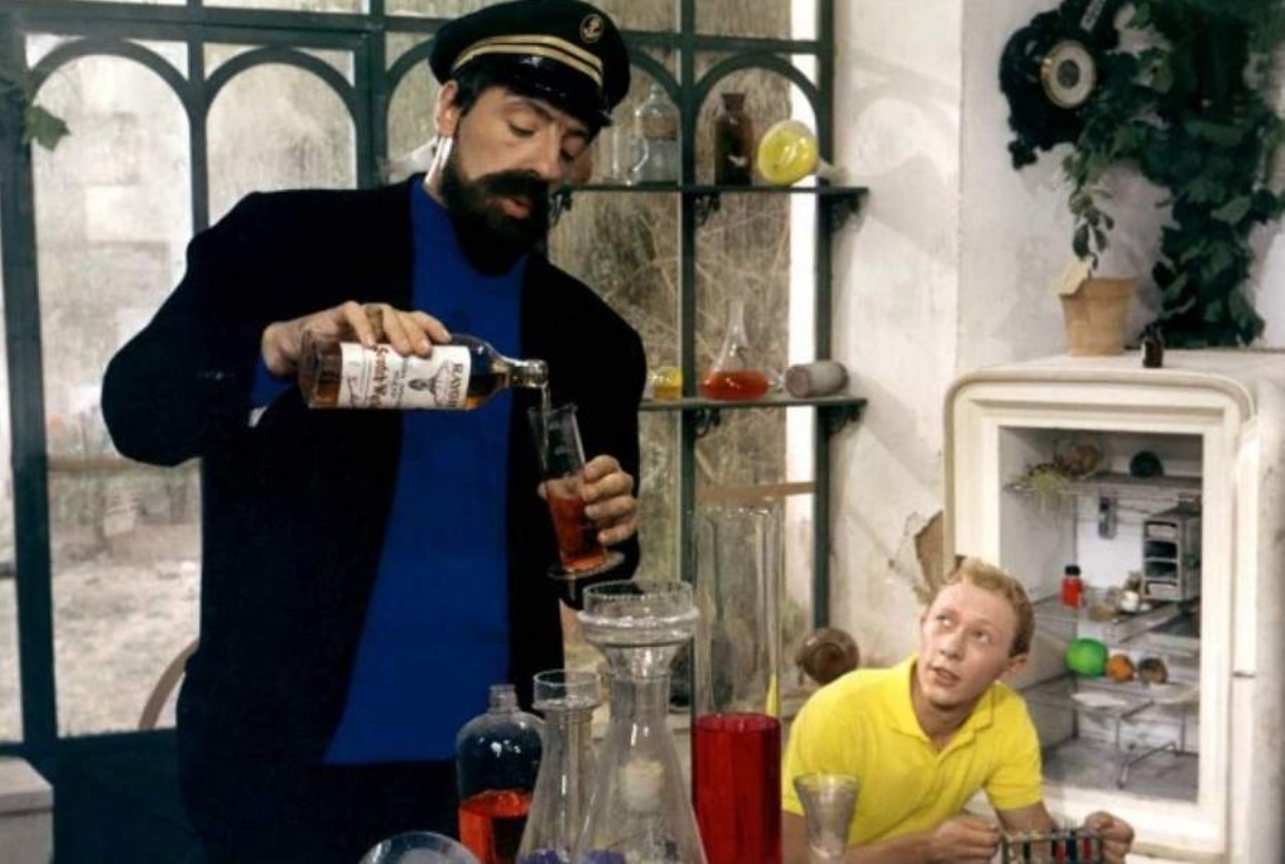 (l to r) Captain Haddock (Jean Bouise) and Tintin (Jean-Pierre Talbot) in Tintin and the Blue Oranges (1965)