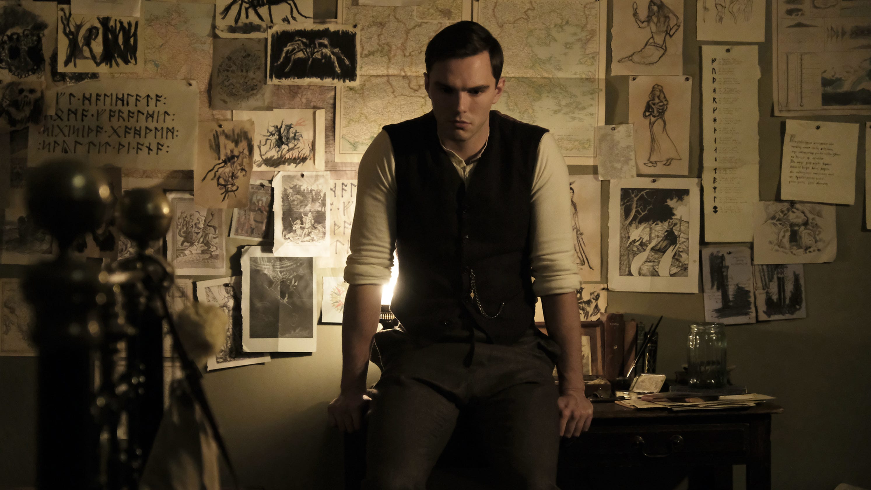 J.R.R. Tolkien (Nicholas Hoult) in his rooms at Oxford in Tolkien (2019)