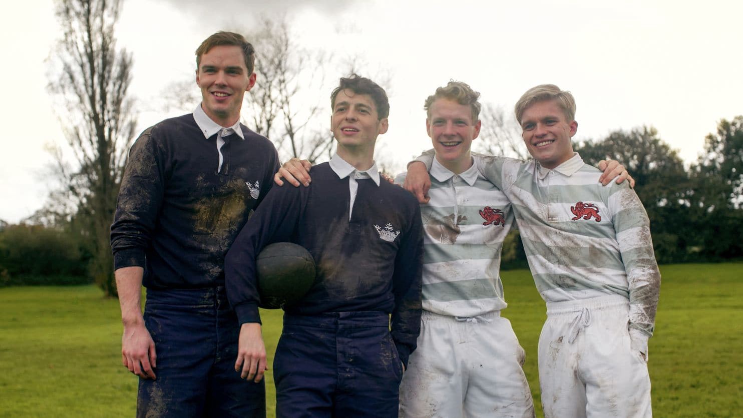 The members of the TCBS on the rugby field - (l to r) J.R.R. Tolkien (Nicholas Hoult), Geoffrey Smith (Anthony Boyle), Robert Gilson (Patrick Gibson) and Christopher Wiseman (Tom Glynn-Carney) in Tolkien (2019)