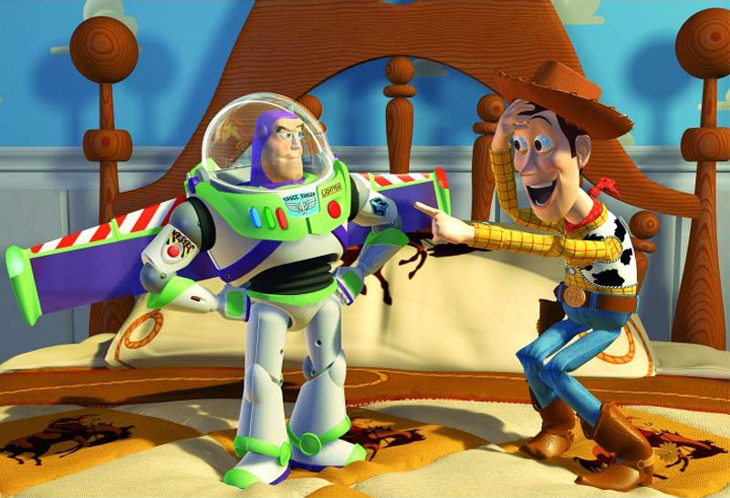 Buzz Lightyear (voiced by Tim Allen) and Woody (voiced by Tom Hanks) in Toy Story (1995)