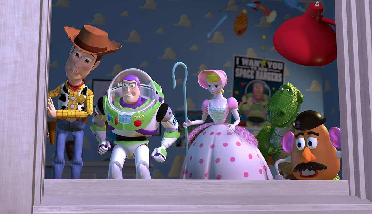 Woody, Buzz Lightyear, Little Bo Peep, Rex and Mr Potato Head in Toy Story (1995)