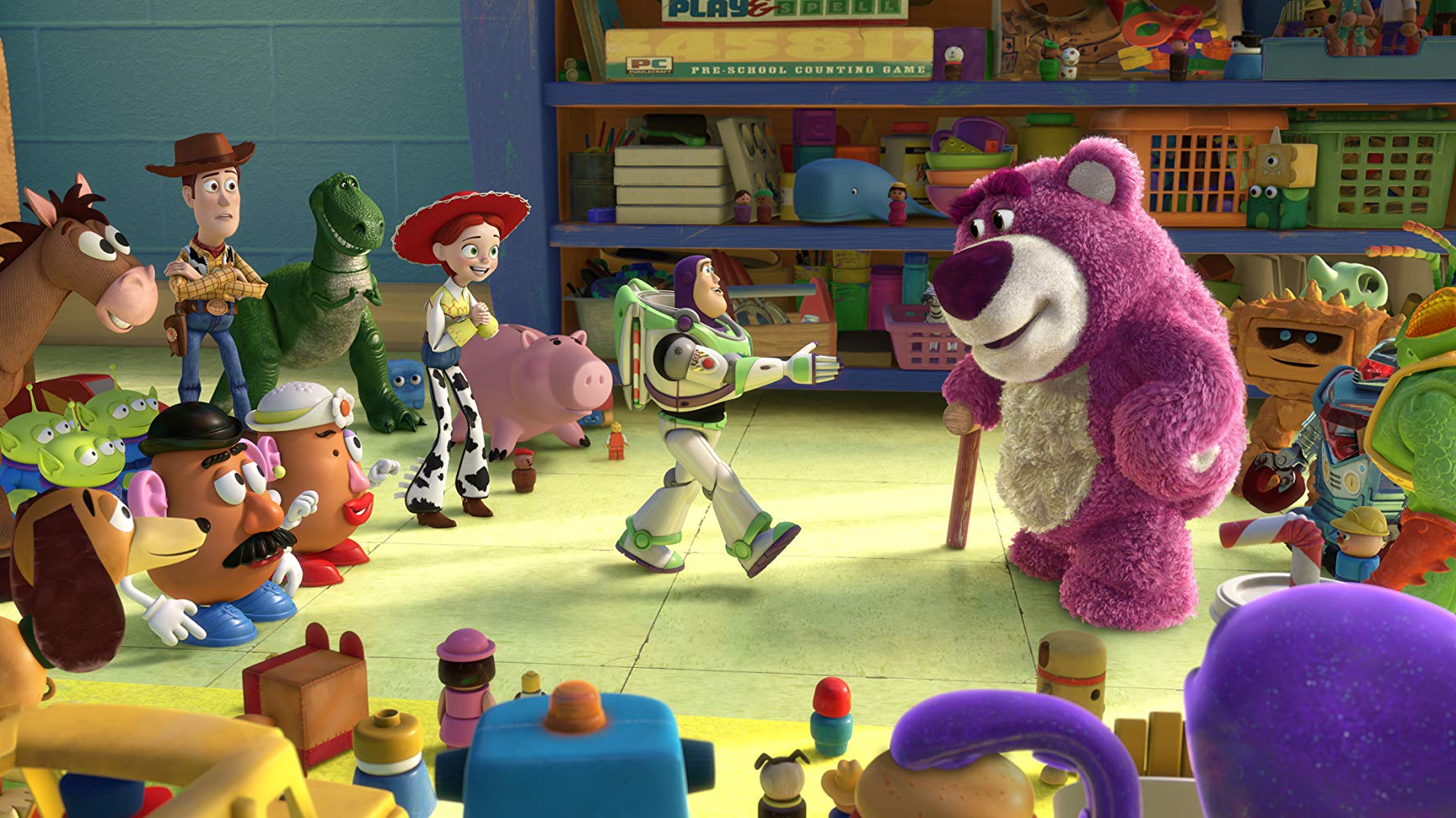 The toys are welcomed to the Sunnyside Daycare Centre by Lots-O’Huggin Bear (voiced by Ned Beatty) in Toy Story 3 (2010)