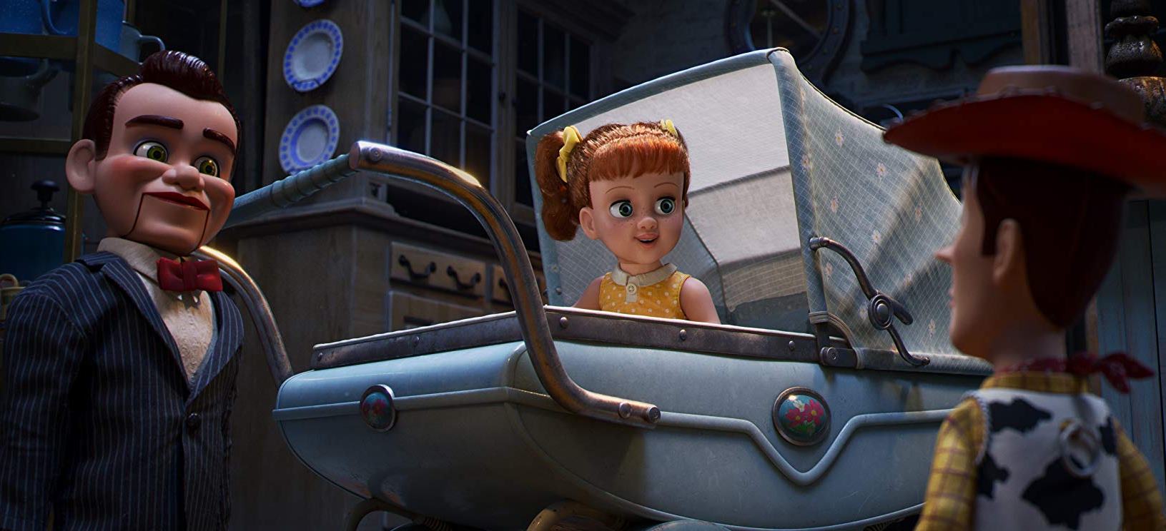 Woody (voiced by Tom Hanks) meets Gabby Gabby (voiced by Christina Hendricks) and one of the ventriloquist's dummies (voiced by Steve Purcell) in Toy Story 4 (2019)