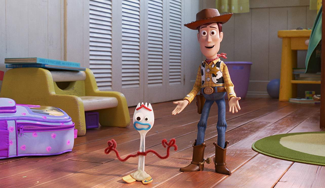 Woody (voiced by Tom Hanks) and Forky (voiced by Tony Hale) in Toy Story 4 (2019)