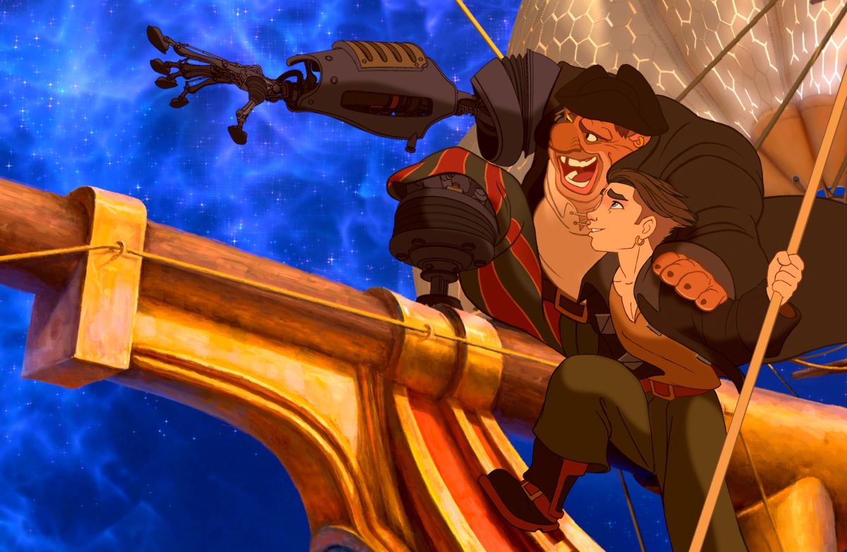 Jim Hawkins (voiced by Joseph Gordon-Levitt) and Long John Silver now with cyborg attachments (voiced by Brian Murray) in Treasure Planet (2002)