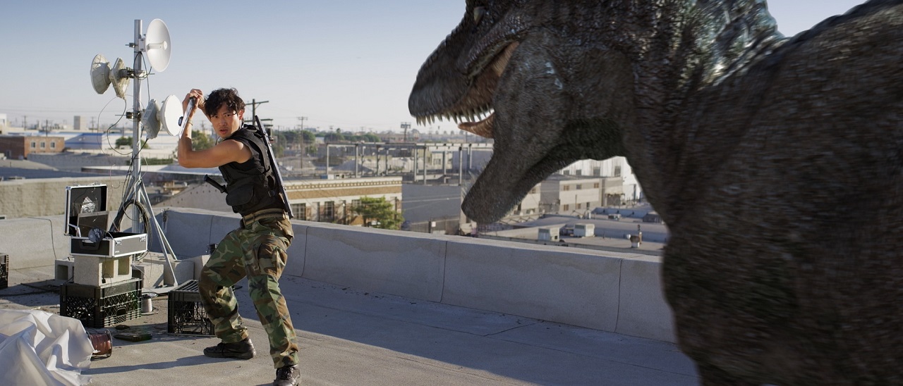 William Jeon vs a dinosaur in Triassic Hunt (2021)