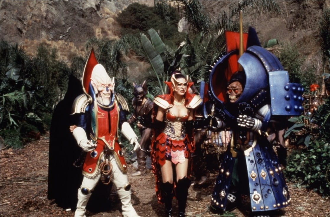The villainess Divatox (Hilary Shepard Turner) flanked by her lackeys Elgar (Danny W. Stallcup) (l) and Rygog (r) in Turbo: A Power Rangers Movie (1997)