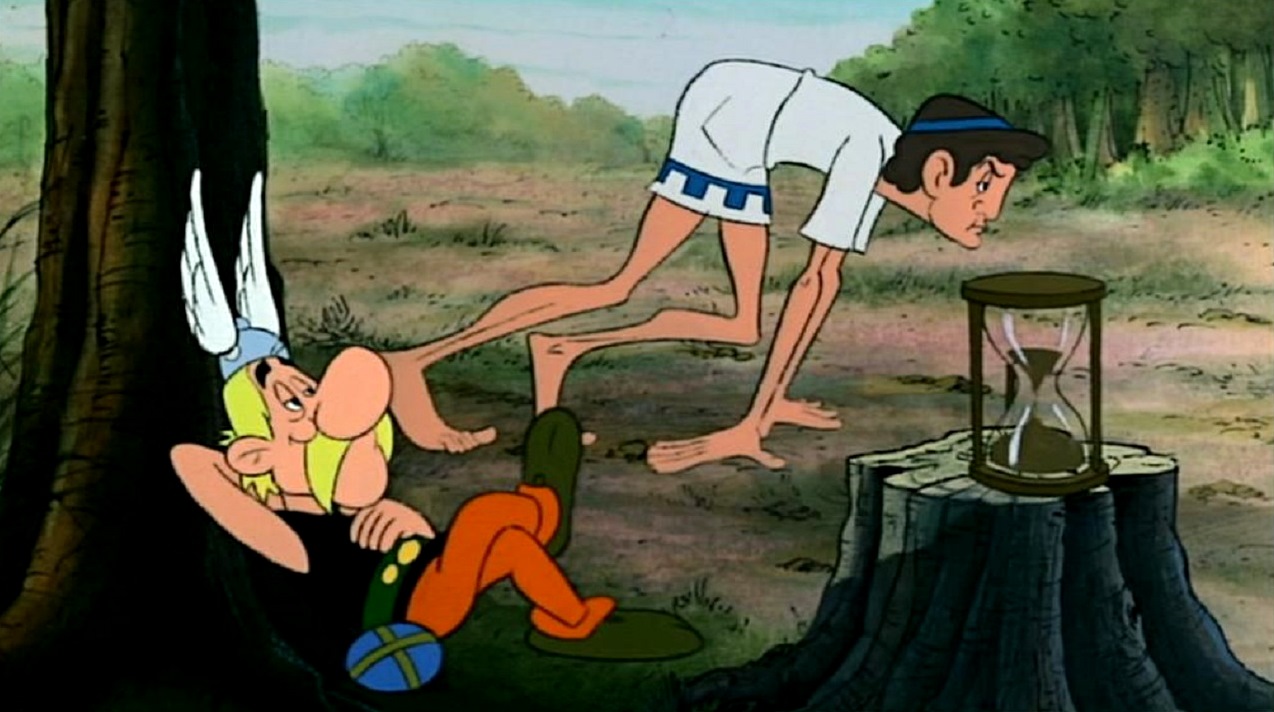 Asterix prepares to outrace an Olympic runner in The Twelve Tasks of Asterix (1976)