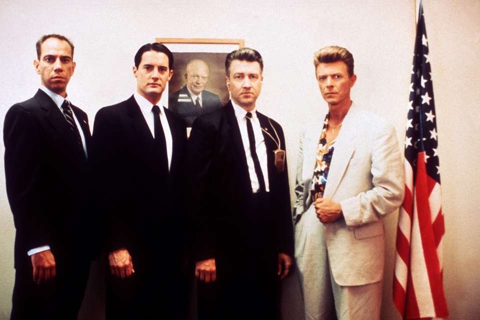 FBI line-up - (l to r) Albert Rosenfeld (Miguel Ferrer), Dale Cooper (Kyle MacLachlan), Gordon Cole (director David Lynch) and Philip Jeffries (David Bowie) in Twin Peaks: Fire Walk With Me (1992)