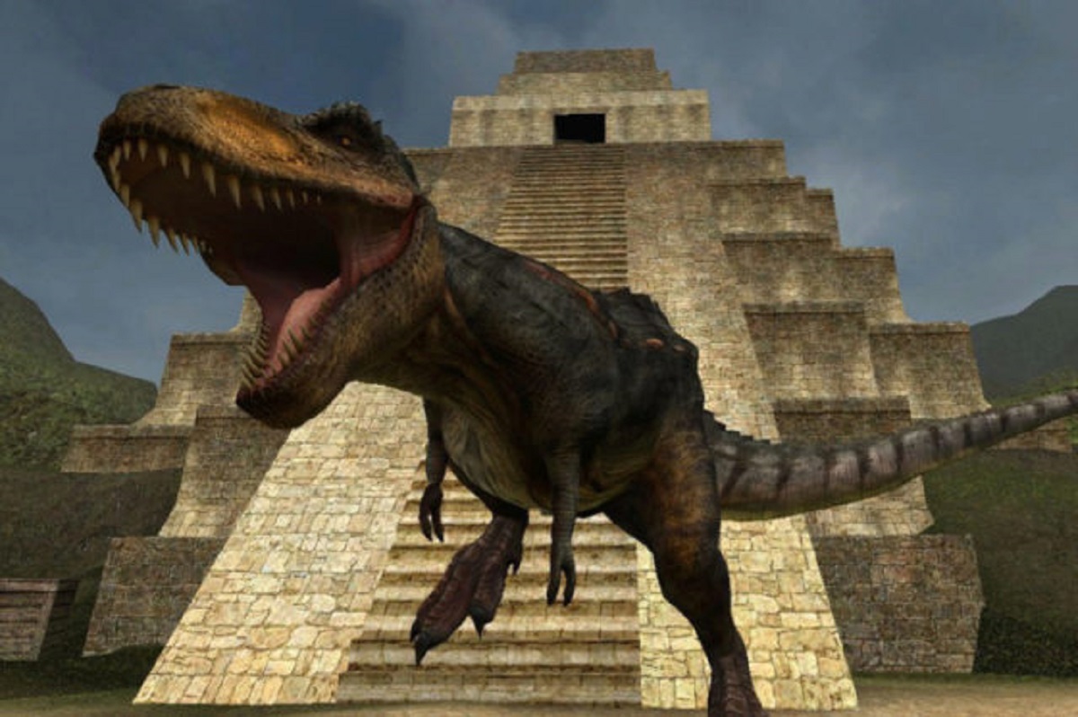 Dinosaurs and Aztec pyramid in Tyrannosaurus Azteca (2007)