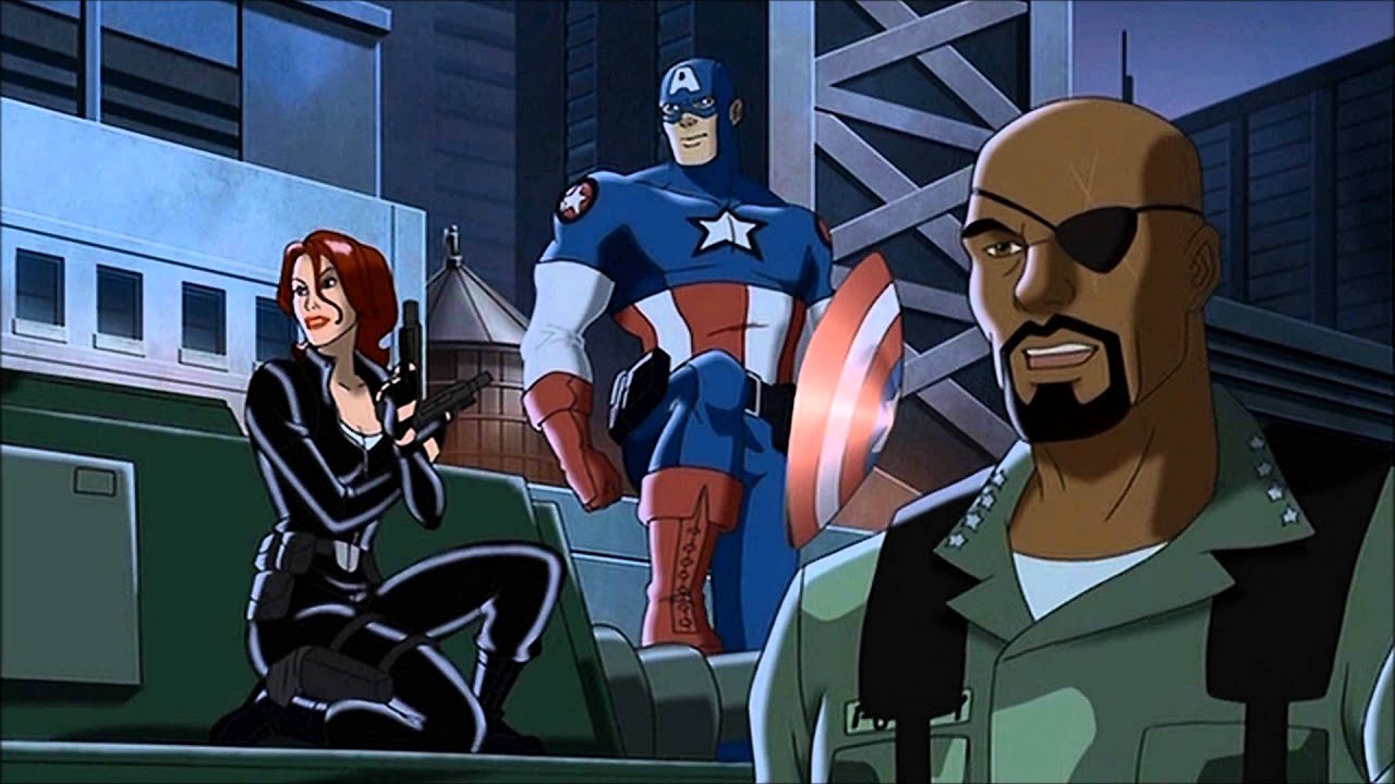 Avengers line-up - (l to r) Black Widow, Captain America and Nick Fury in Ultimate Avengers (2006)