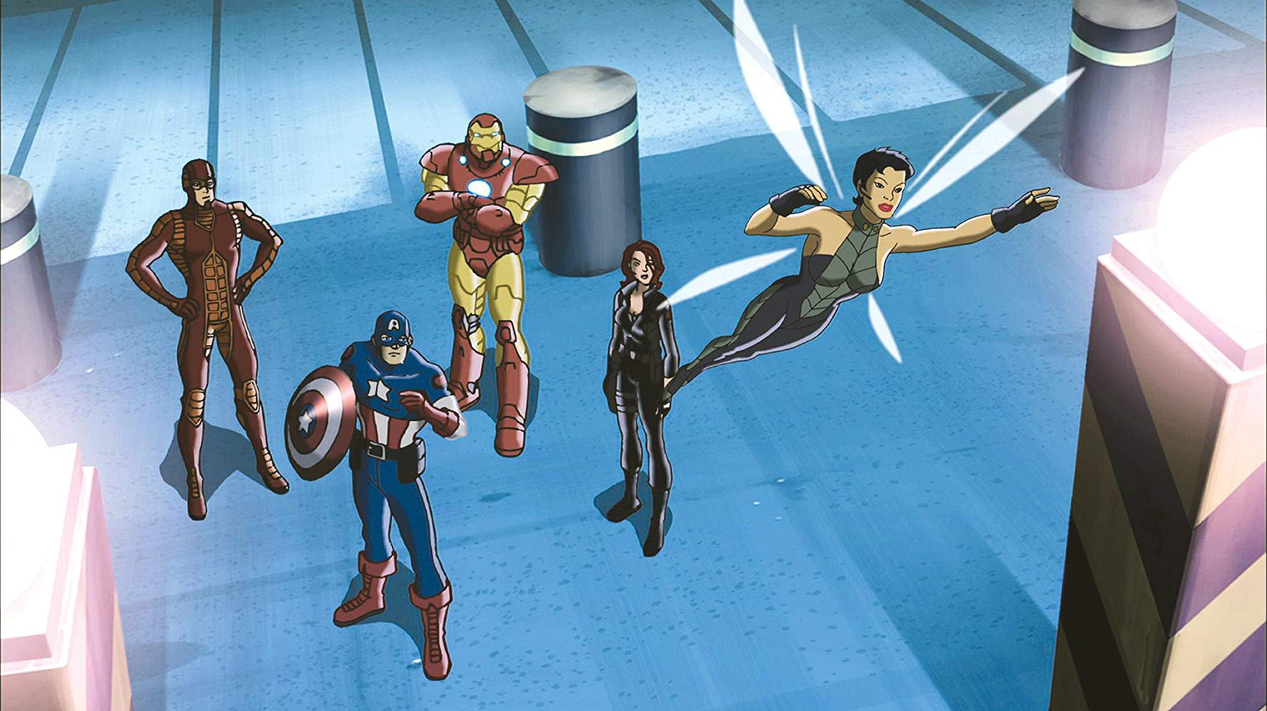 Avengers line-up - (l to r) Ant Man, Captain America, Iron Man, Black Widow and The Wasp in Ultimate Avengers (2006)