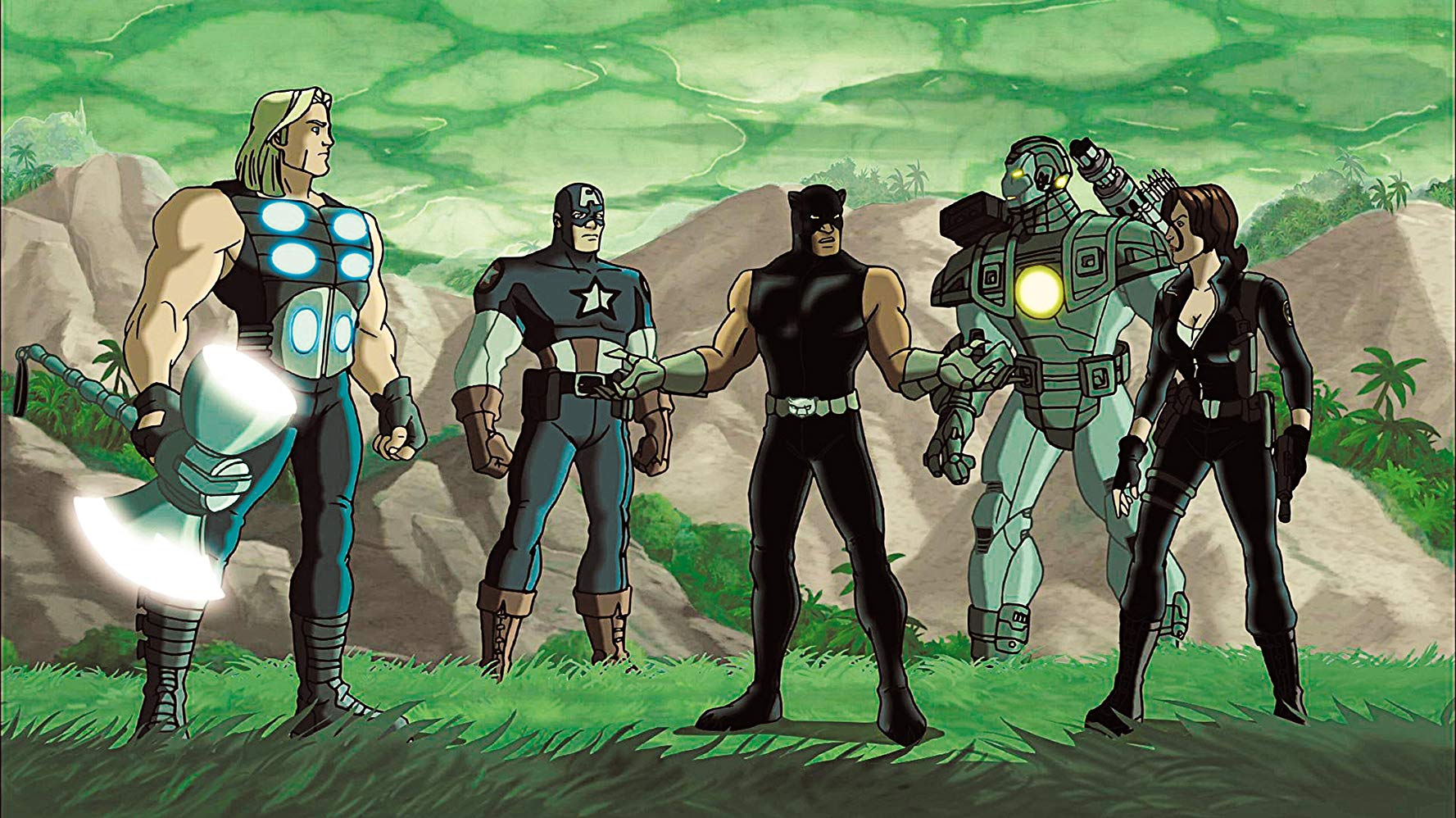 Avengers line-up - (l to r) Thor, Captain America, Black Panther, Iron Man and Black Widow in Ultimate Avengers II (2006)