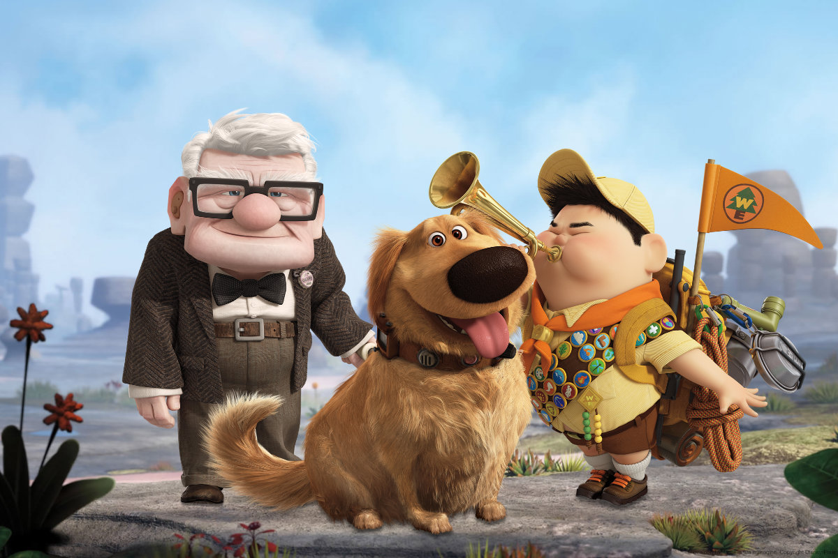 Carl (voiced by Ed Asner), Dug the dog (voiced by Bob Peterson) and the boy scout Russell (voiced by Jordan Nagai) in Up! (2009)