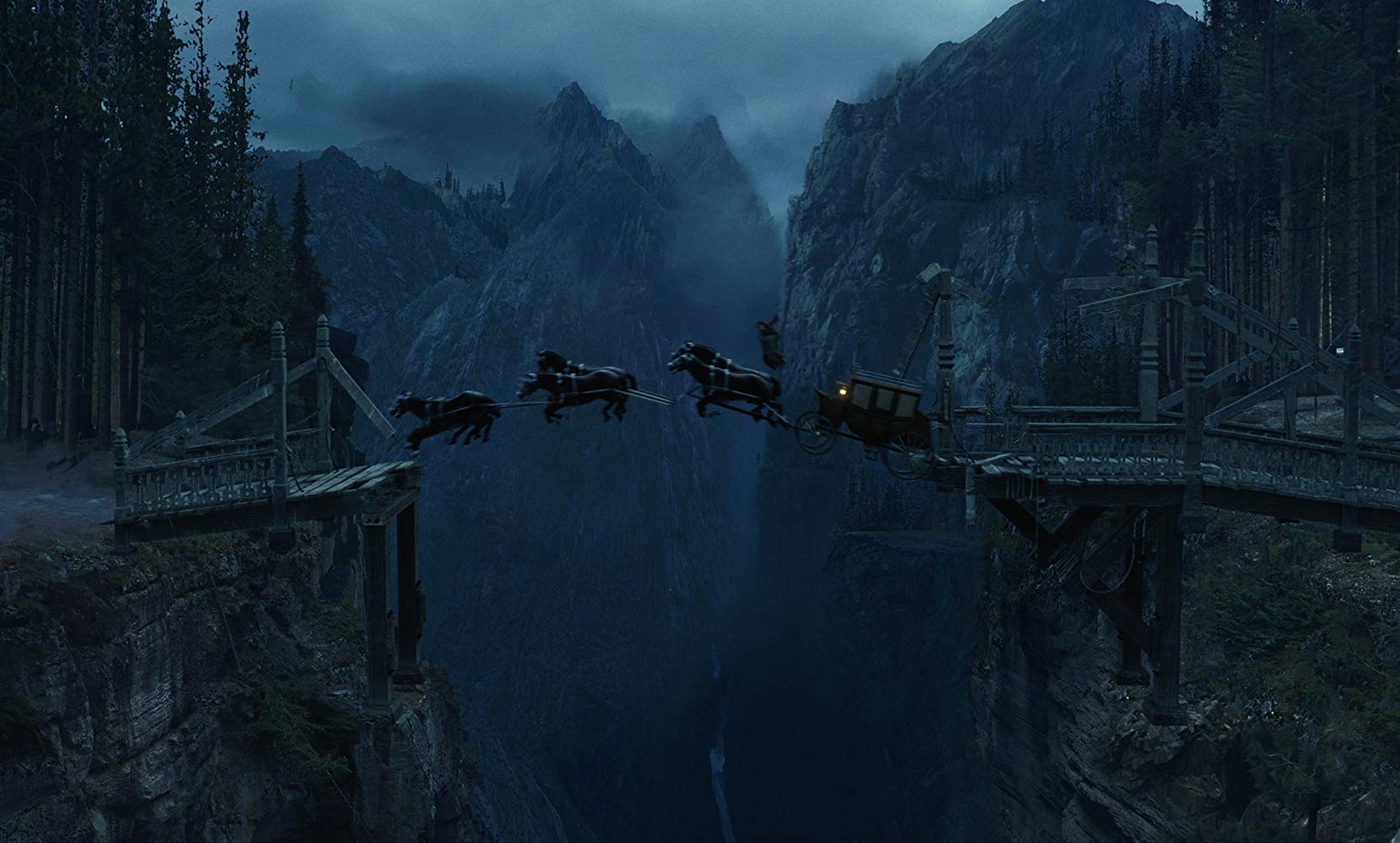 The horse carriage conducts a stunt leap across a ravine in Van Helsing (2004)