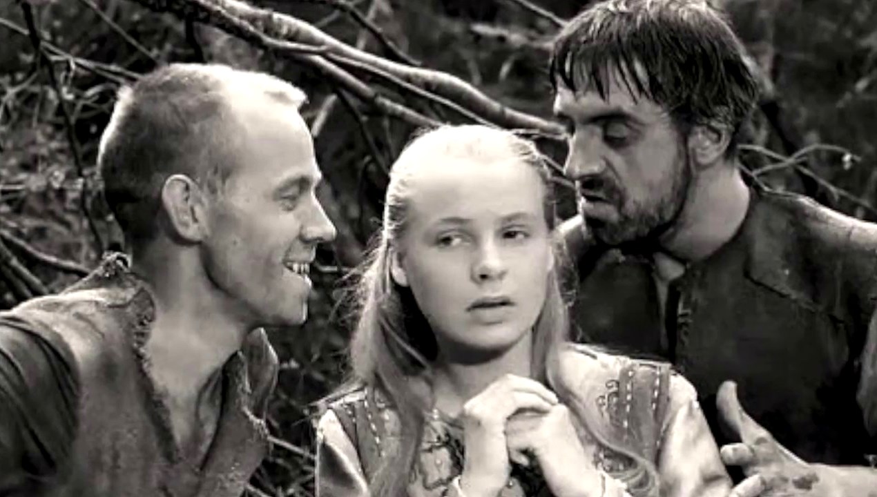 Innocent Birgitta Pettersson (c) is waylaid by goatherds Axel Düberg (l) and Tor Isedal (r) in The Virgin Spring (1959)