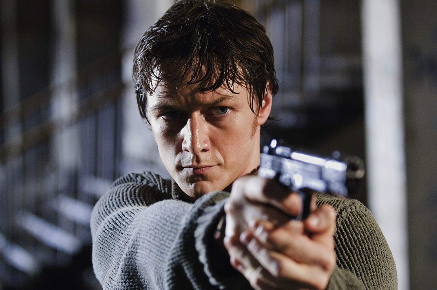 James McAvoy as Wesley Gibson, everyday guy inducted into a secret oganisation of assassins in Wanted (2008)