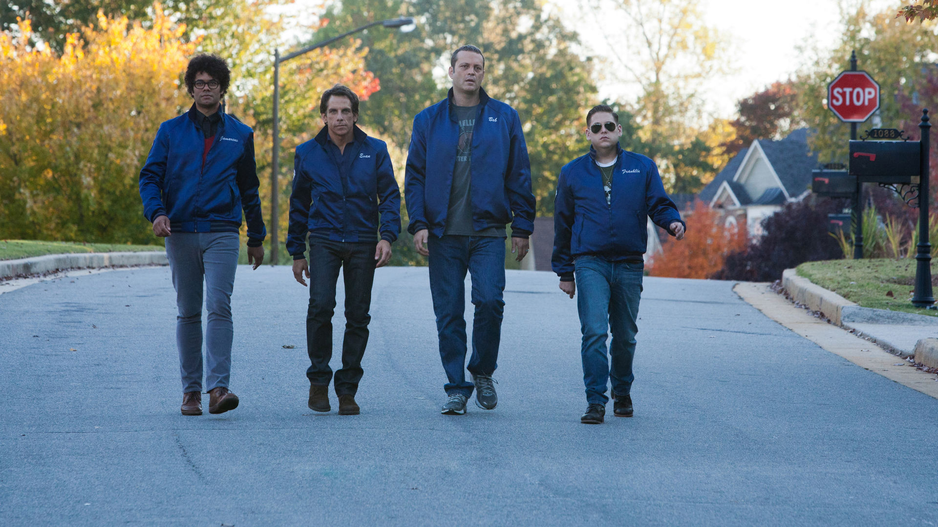 Richard Aoyade, Ben Stiller, Vince Vaughn and Jonah Hill on patrol in The Watch (2012)