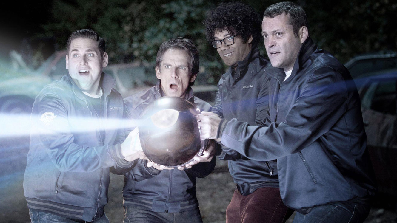 Jonah Hill, Ben Stiller, Richard Aoyade and Vince Vaughn with the alien orb in The Watch (2012)