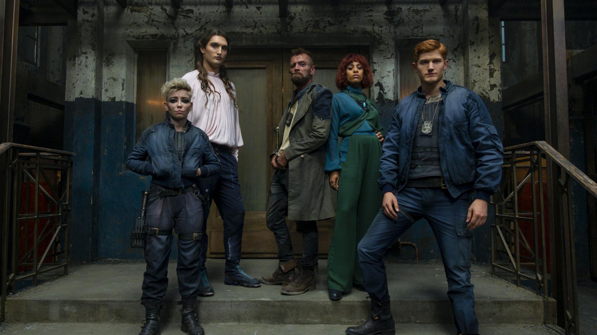 Corporal Angua von Uberwald (Marama Corlett), Corporal Cheery (Jo Eaton-Kent), Captain Sam Vimes (Richard Dormer), Lady Sybil Ramkin (Lara Rossi) and Corporal Carrot Ironfoundersson (Adam Hugill) in The Watch (2020)