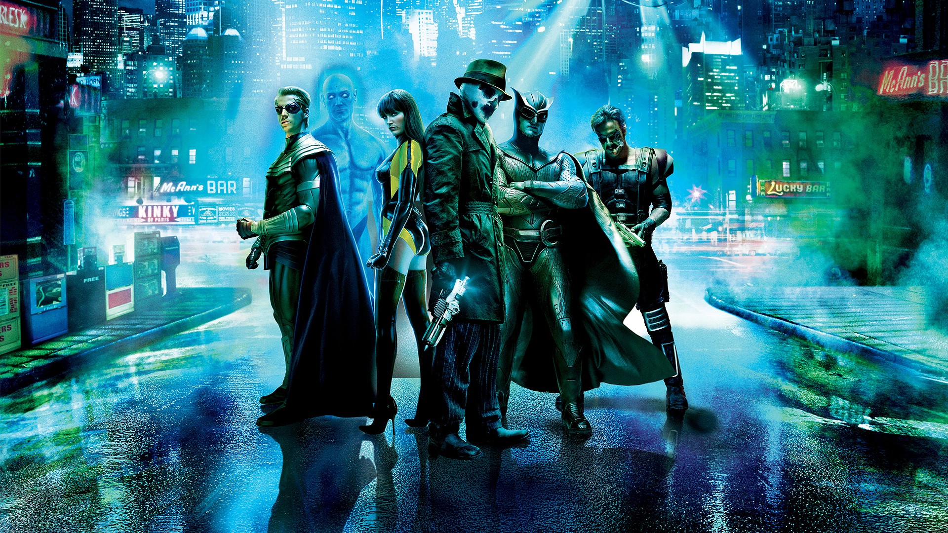 Promotional artwork - Watchmen line-up (l to r) Ozymandias, Dr Manhattan, Silk Spectre, Rorschach, Nite Owl and The Comedian in Watchmen (2009)