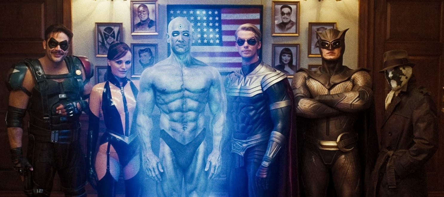 Cast line-up - (l to r) The Comedian (Jeffrey Dean Morgan), Scarlet Spectre (Malin Akerman), Dr Manhattan (Billy Crudup), Ozymandias (Matthew Goode), Nite Owl (Patrick Wilson) and Rorschach (Jackie Earl Haley) in Watchmen (2009)