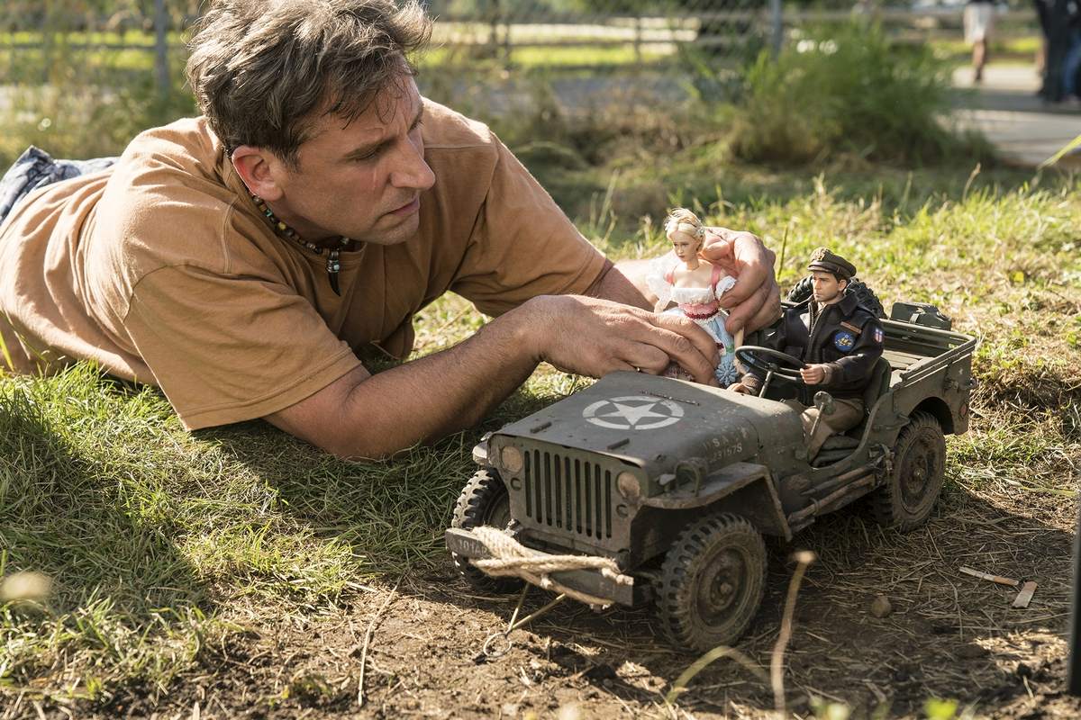 Mark Hogancamp (Steve Carell) at work on construction of his model village in Welcome to Marwen (2018)