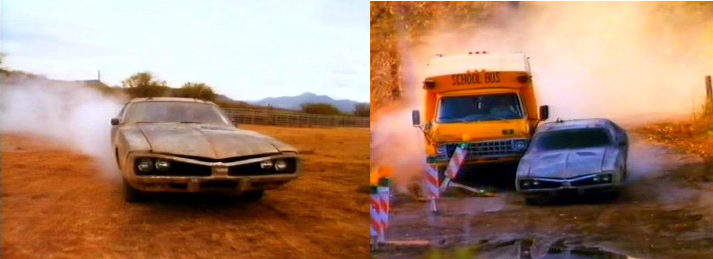 (left) The evil Dodge Challenger; (right) the pursuit by the school bus in Wheels of Terror (1990)