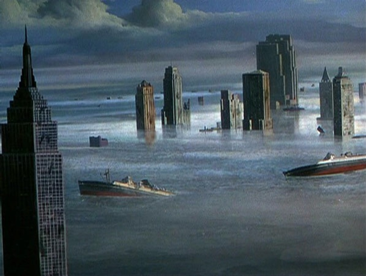 Overturned ships floating through drowned cities in When Worlds Collide (1951)