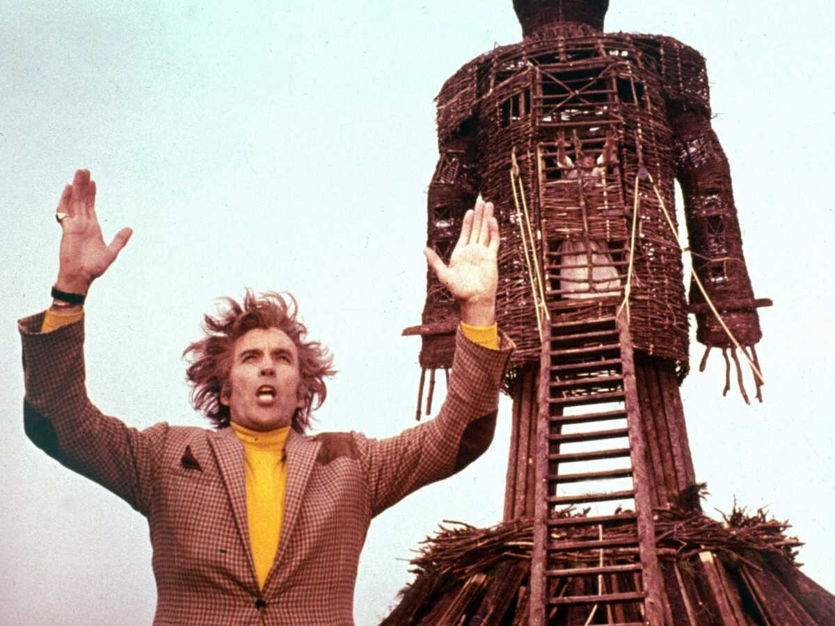Lord Summerisle (Christopher Lee) stands before The Wicker Man (1973)