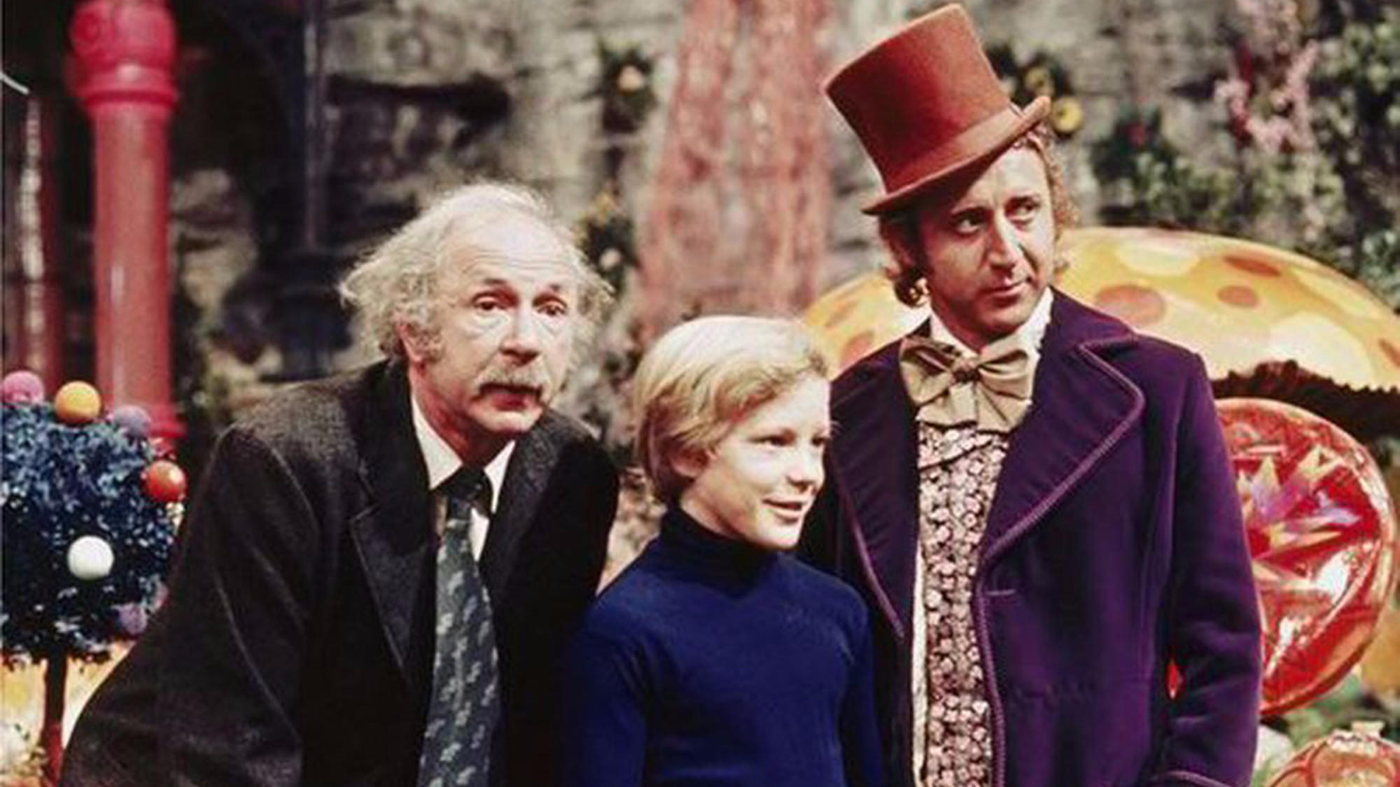 (l to r) Grampa Joe (Jack Albertson), Charlie (Peter Ostrum) and Willy Wonka (Gene Wilder) in Willy Wonka and the Chocolate Factory (1971)