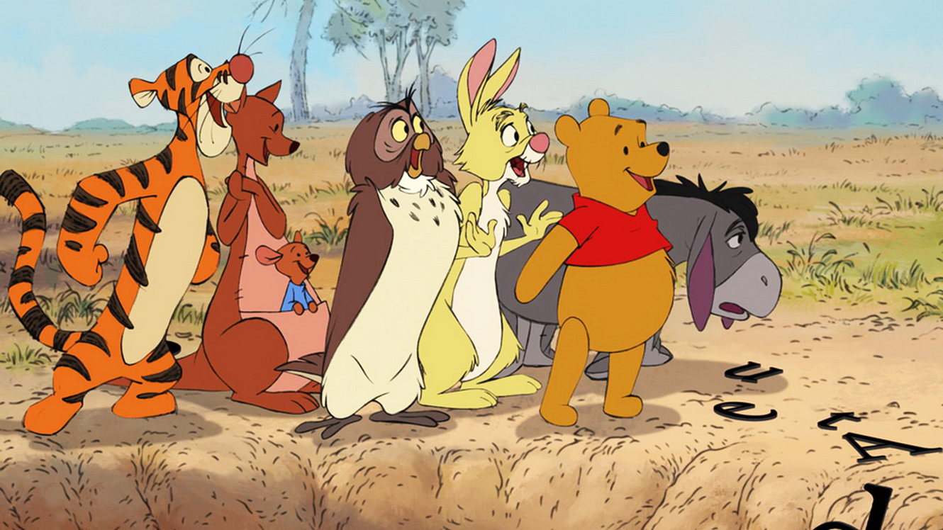 The animals of Hundred Acre Woods - Tigger, Kanga (with Roo in her pouch), Owl, Rabbit, Pooh and Eeyore in Winnie the Pooh (2011)