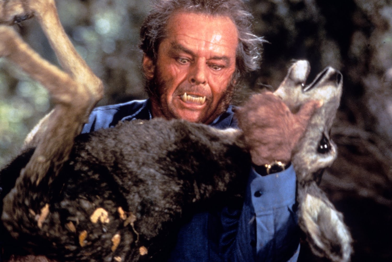 A lycanthropic Jack Nicholson tears out the throat of a deer in Wolf (1994)