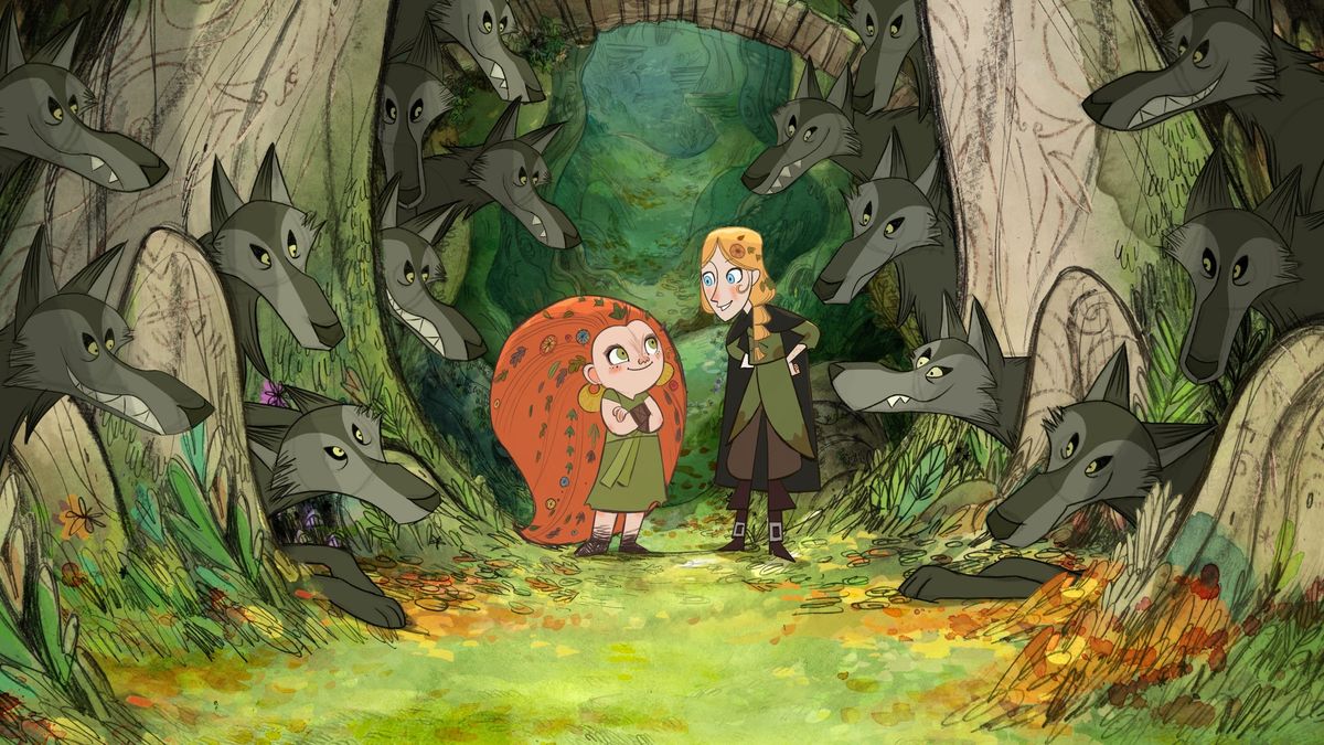 Mebh Og MacTire (voiced by Eva Whittaker), Robyn Goodfellow (voiced by Honor Kneafsey) and the wolves in WolfWalkers (2020)