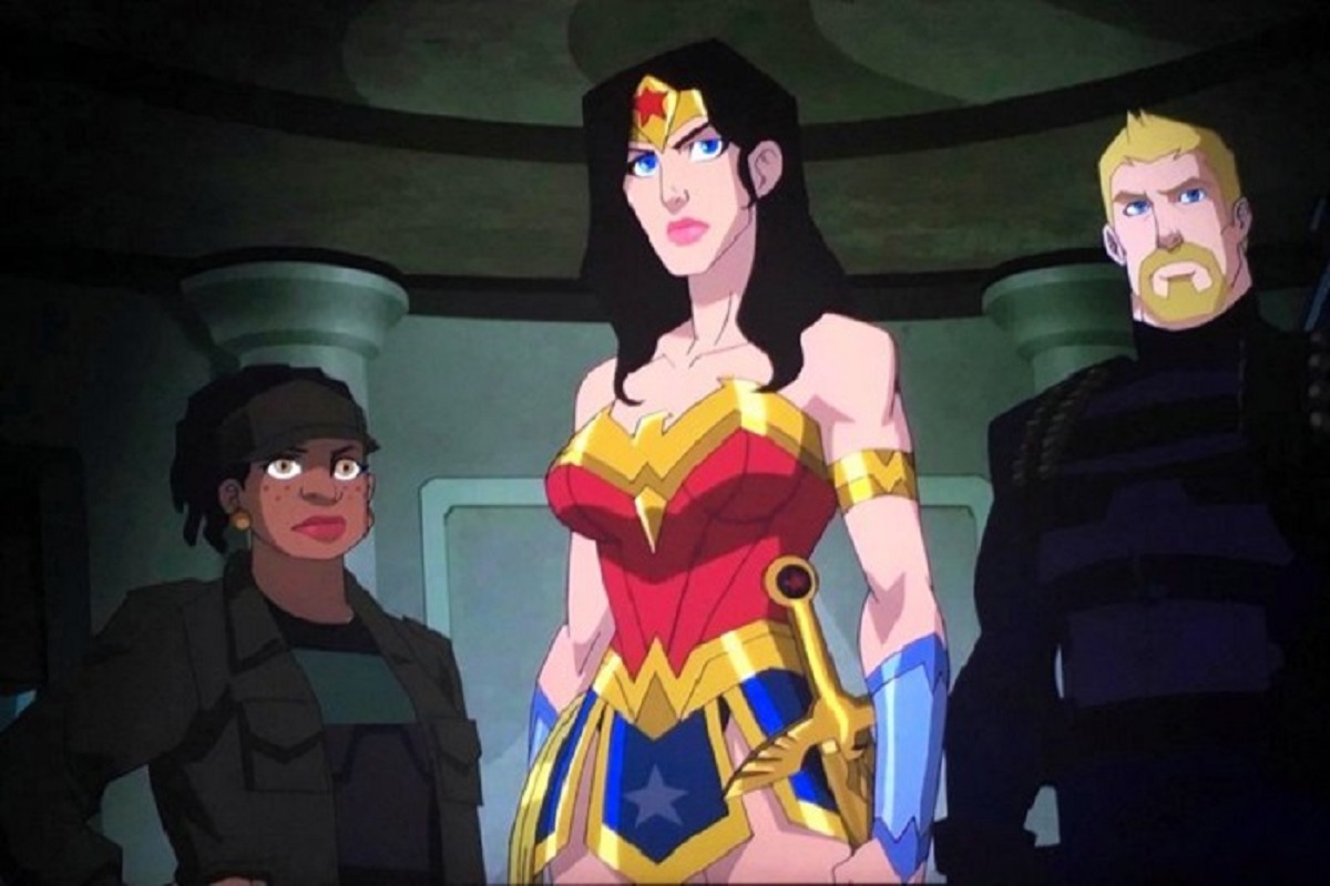 (l to r) Etta Candy (voiced by Adrienne Moore), Wonder Woman (voiced by Rosario Dawson) and Steve Trevor (voiced by Jeffrey Donovan) in Wonder Woman: Bloodlines (2019)