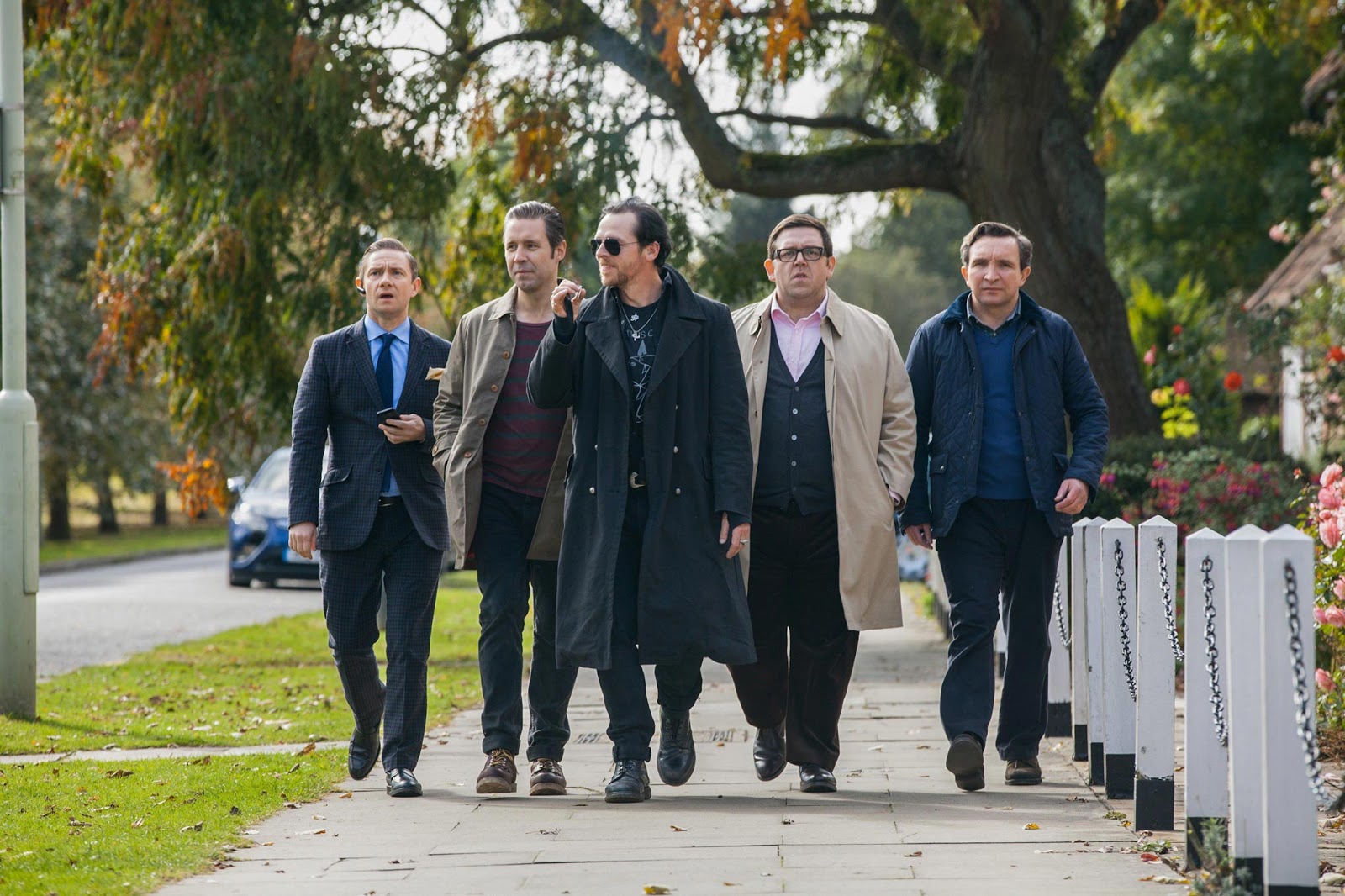 Five friends reuniting after twenty years to complete a pub crawl - Martin Freeman, Paddy Considine, Simon Pegg, Nick Frost and Eddie Marsan in The World's End (2013)