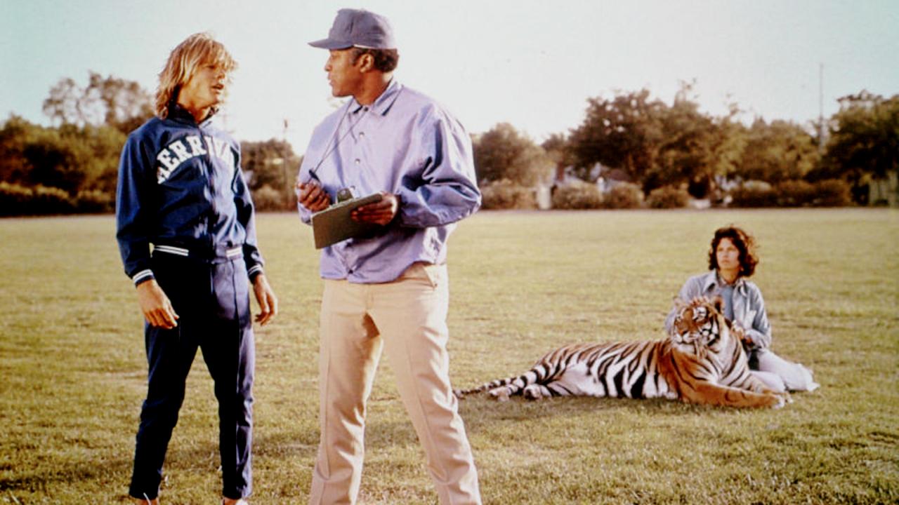 (l to r) Nanu the jungle boy (Jan-Michael Vincent), coach John Amos, Harry the Tiger and Dayle Haddon in The World's Greatest Athlete (1973)