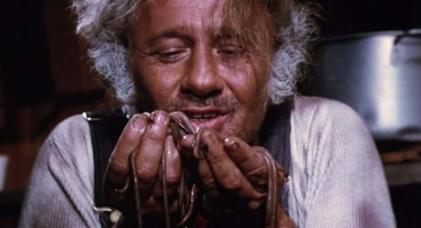 Herb Robins as Herman Umgar with his worms in The Worm Eaters (1977)