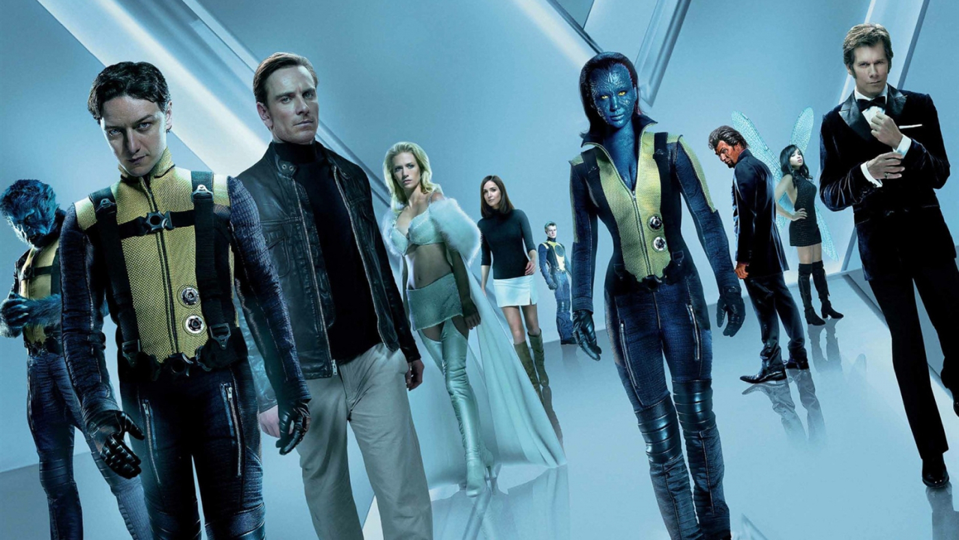 Group line-up (publicity artwork) - (l to r) Beast (Nicholas Hoult), Professor Xavier (James McAvoy), Magneto (Michael Fassbender), Emma Frost (January Jones), Moira McTaggart (Rose Byrne), Havoc (Lucas Till), Mystique (Jennifer Lawrence), Azazel (Jason Flemyng), Angel Salvadore (Zoe Kravitz) and Klaus Schmidt (Kevin Bacon) in X: First Class (2011)