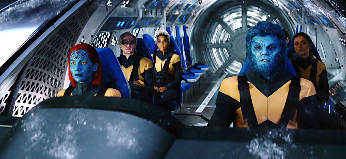 The X-Men space mission rescue mission - (l to r) Raven/Mystique (Jennifer Lawrence), Quicksilver (Evan Peters), Storm (Alexandra Shipp), Beast (Nicholas Hoult) and Jean Grey (Sophie Turner) in X-Men: Dark Phoenix (2019)