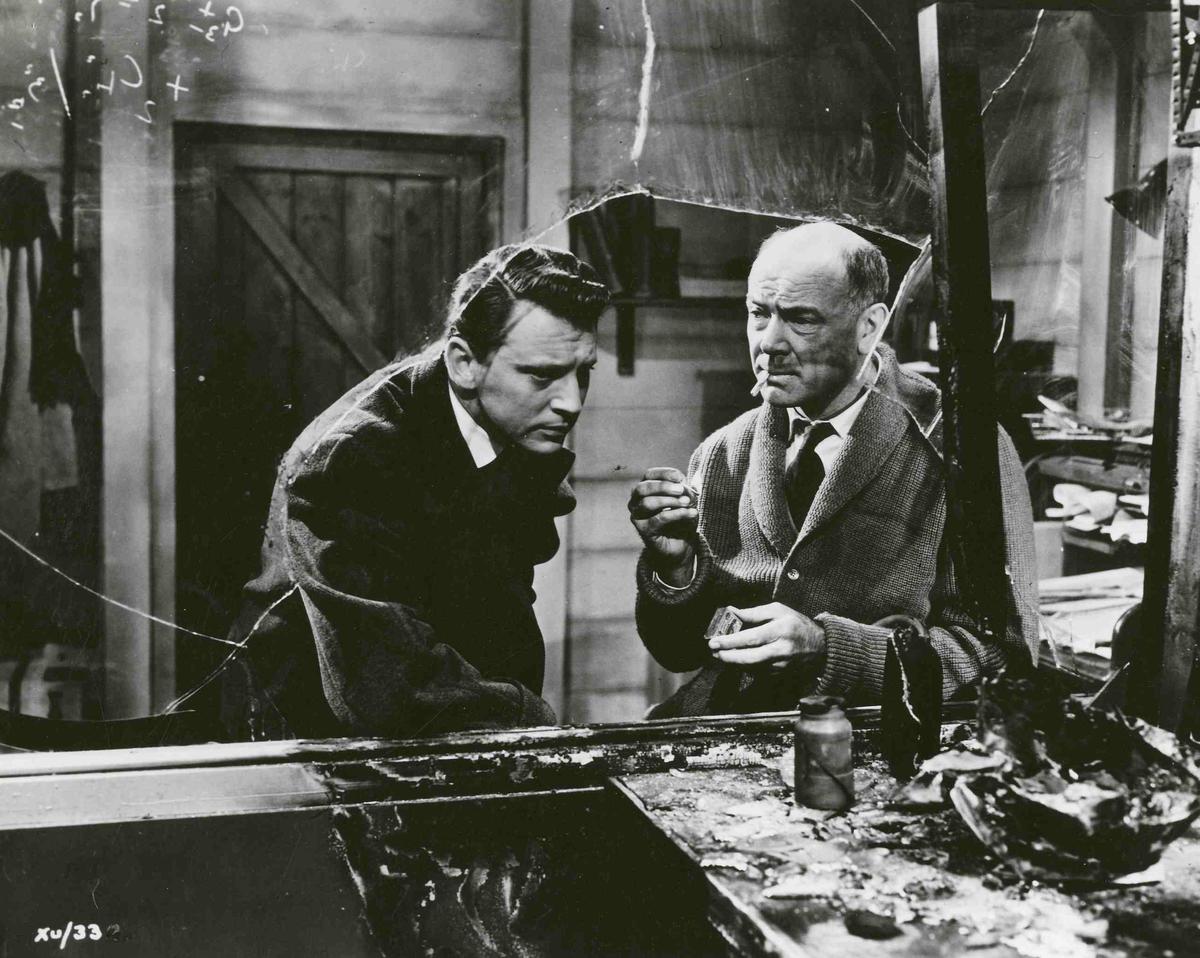 (l to r) Anthony Newley and Dean Jagger as Dr Adam Royston, the film's stand-in for Professor Quatermass in X the Unknown (1956)