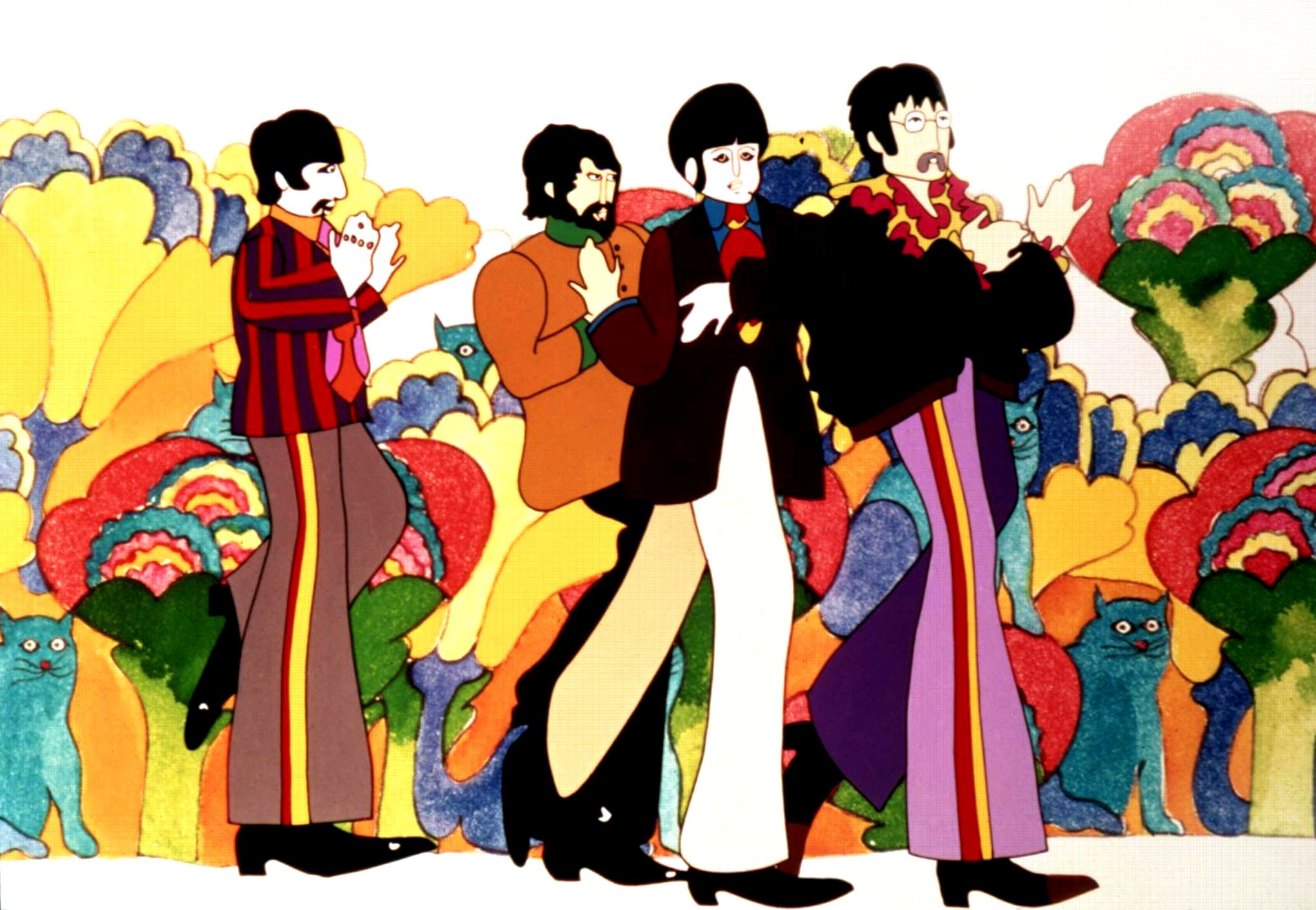 Animated likenesses of The Beatles in Pepperland in Yellow Submarine (1968)