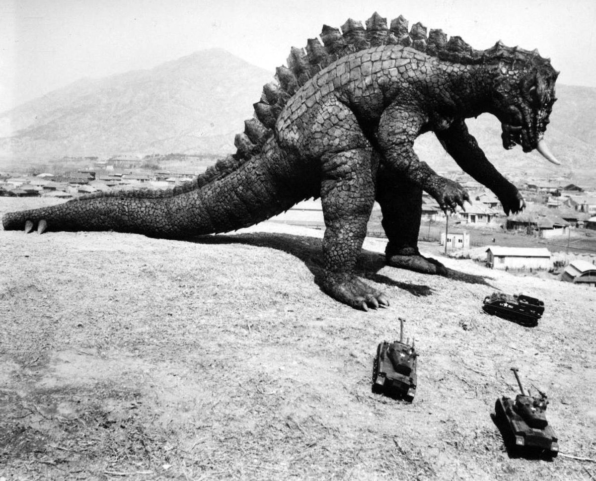 Yongary and plastic tanks in Yongary Monster from the Deep (1967)